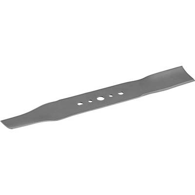 A lawnmower blade with multiple holes in the centre, both ends slightly curved, used for effective grass reduction.