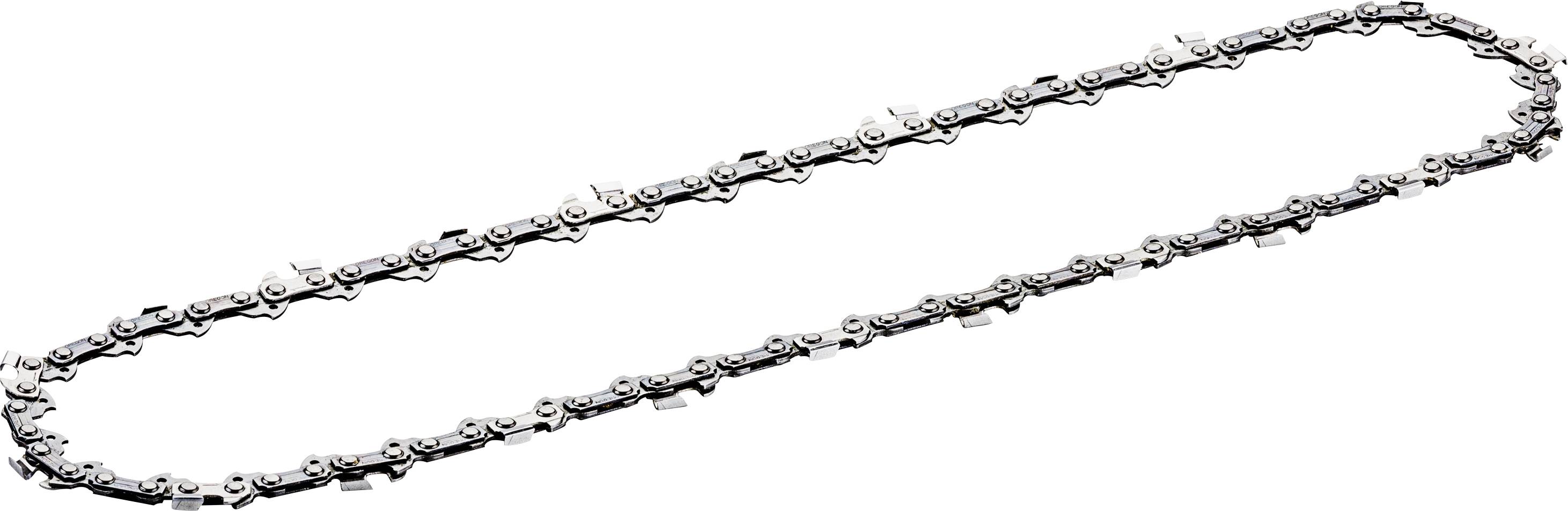Chainsaw chain in the form of a closed oval made of metal links.