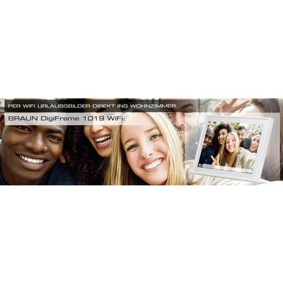 A group of young people smile at the camera. Next to them, a digital photo frame displays the text 'Holiday photos direct to the living room via WiFi'.