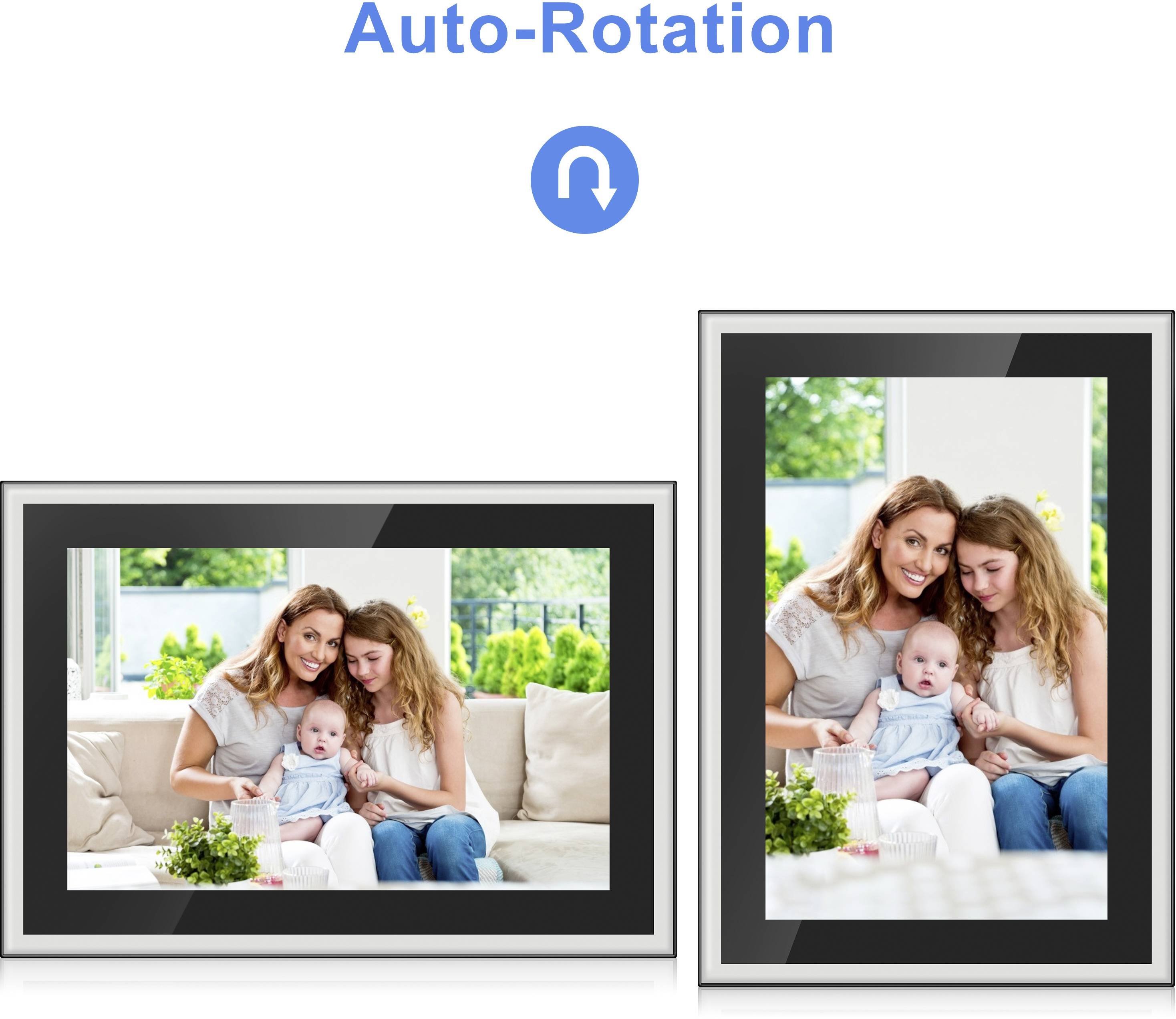 Digital photo frame displays image of woman, teenager and baby on sofa. Feature: Auto-rotation for portrait and landscape orientation.