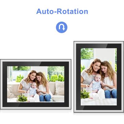Digital photo frame displays image of woman, teenager and baby on sofa. Feature: Auto-rotation for portrait and landscape orientation.