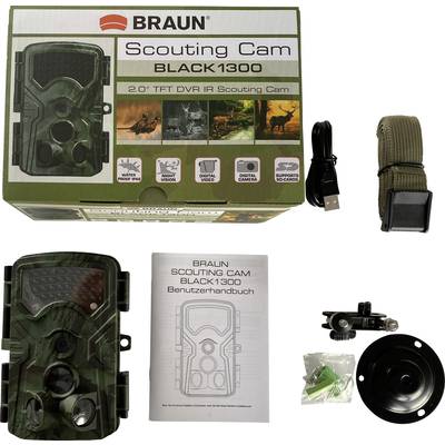 'BRAUN Scouting Cam BLACK1300' packaging with camera, USB cable, strap mount, bracket, screws and user manual illustrated.