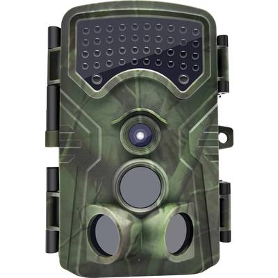 A camouflaged wildlife camera with multiple sensors and lenses, used for monitoring animals in their natural habitat.