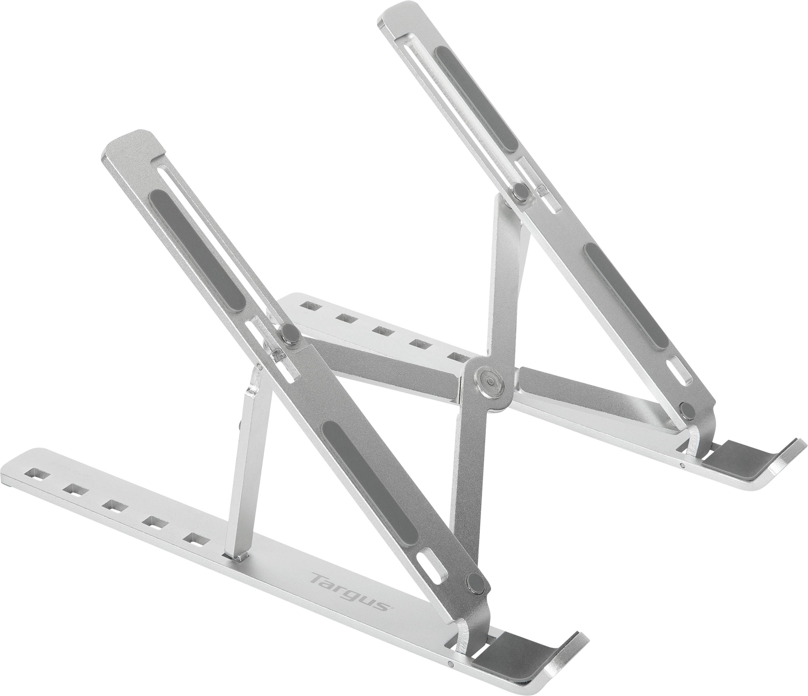 A height-adjustable, silver metal laptop stand with angled arms and non-slip pads, perfect for improving ergonomics.