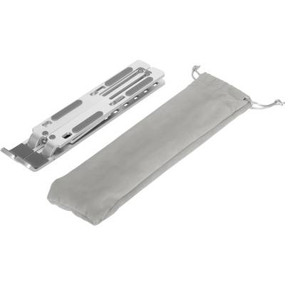 Foldable laptop stand made of silver metal, alongside a grey storage pouch.