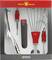 Garden tool set with hand rake, trowel, weed puller, weeding hook and bag in grey packaging with red logo.