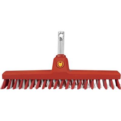 A red broom with a metal handle and bristles in red and white.