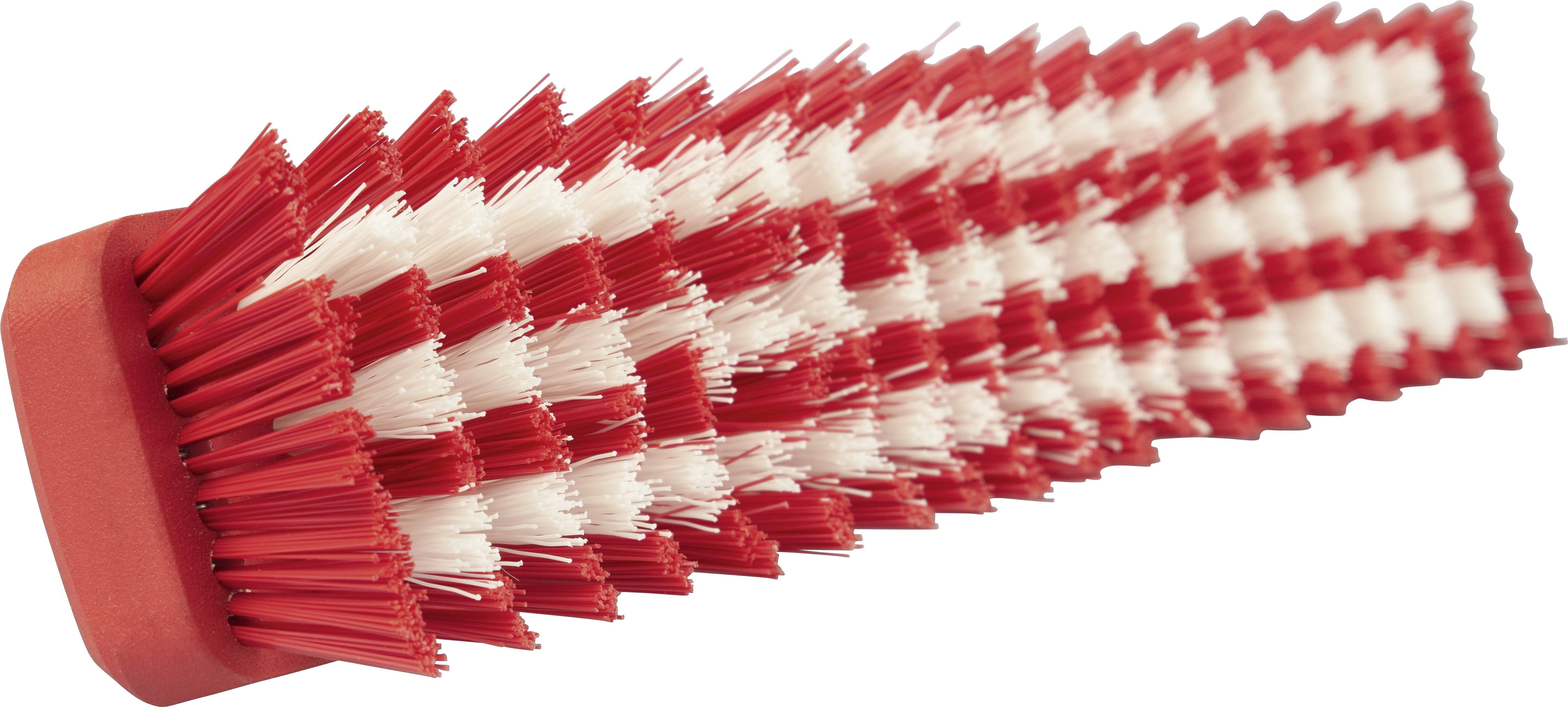 A red and white striped cleaning brush with a thick handle, suitable for intensive scrubbing of surfaces.
