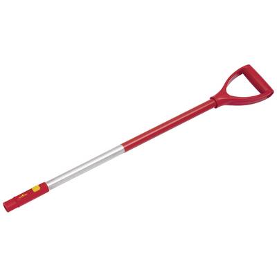 A red and silver shovel handle with a red grip, suitable for gardening tasks and compatible with various tool heads.