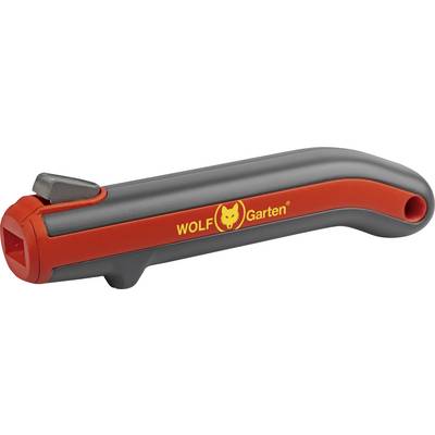 Red and black WOLF-Garten knife sharpener with ergonomic handle, suitable for garden tools.