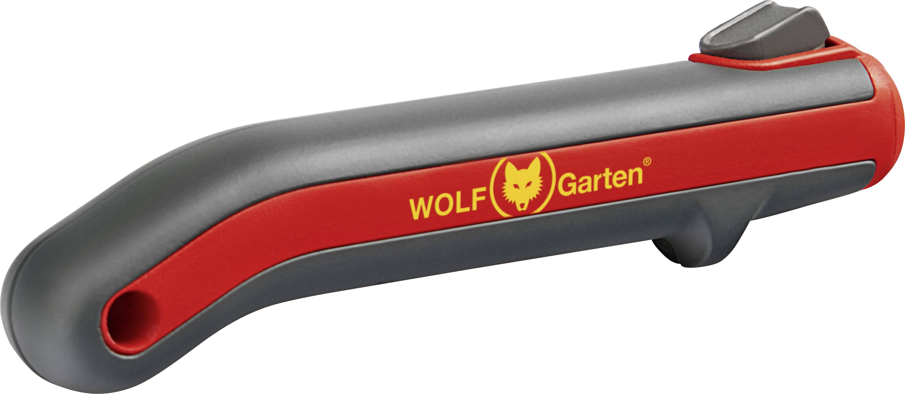 Compact knife sharpener from Wolf-Garten in grey and red, perfect for garden tools.