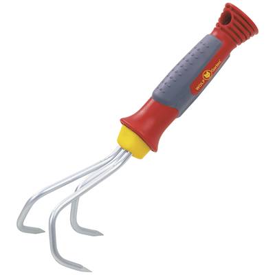 A red and yellow garden cultivator with a grey handle, featuring three curved stainless steel tines for loosening soil.