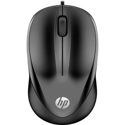 Black computer mouse with cable and scroll wheel, marked with 'hp' logo. Suitable for standard use on PC or laptop.