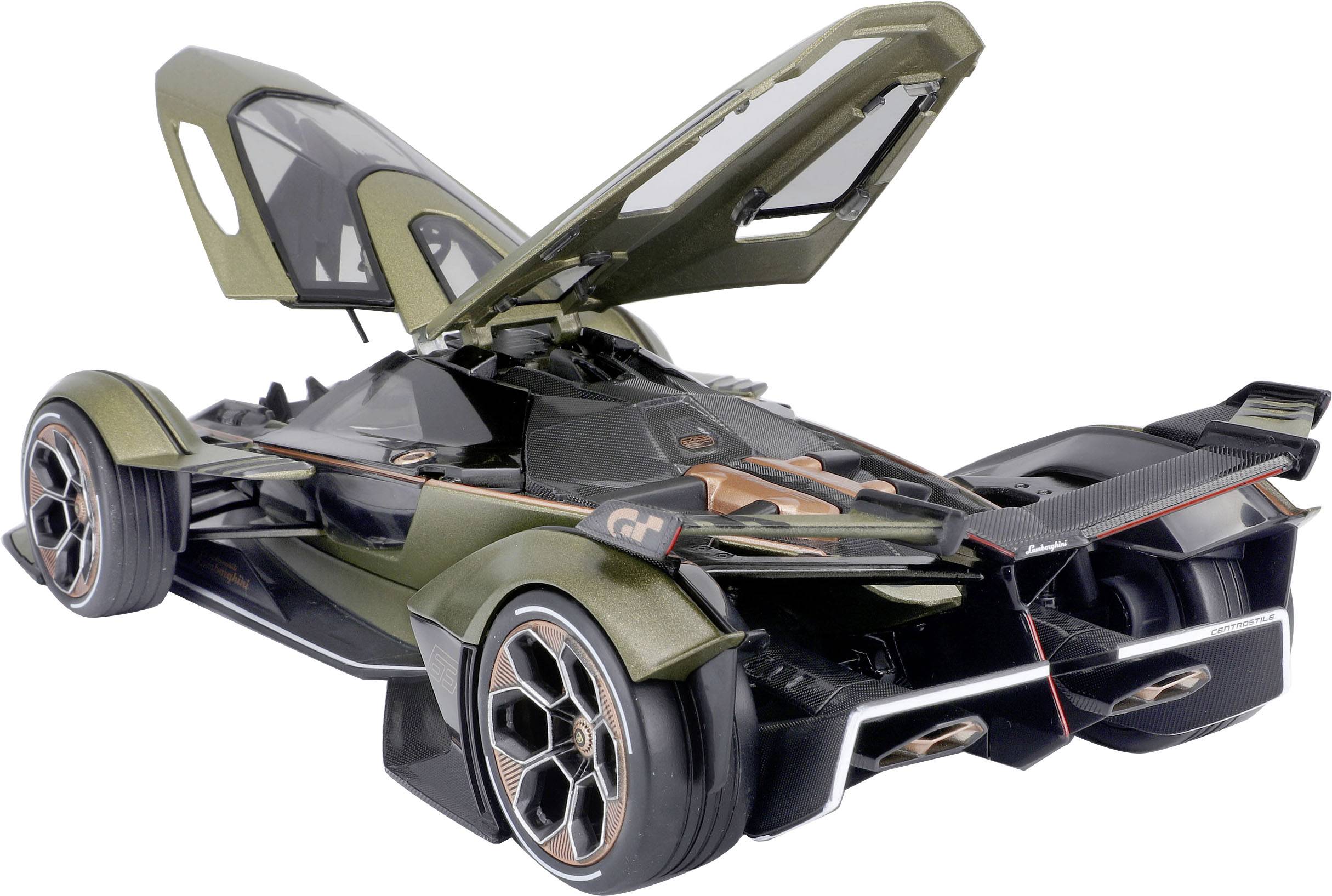 A futuristic, dark green model car with gull-wing doors open, featuring distinctive black and bronze accents.