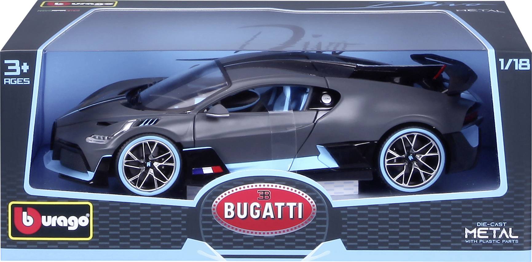 A grey Bugatti model car in a blue packaging with a viewing window. The car is scaled at 1:18, suitable for ages 3 and up.