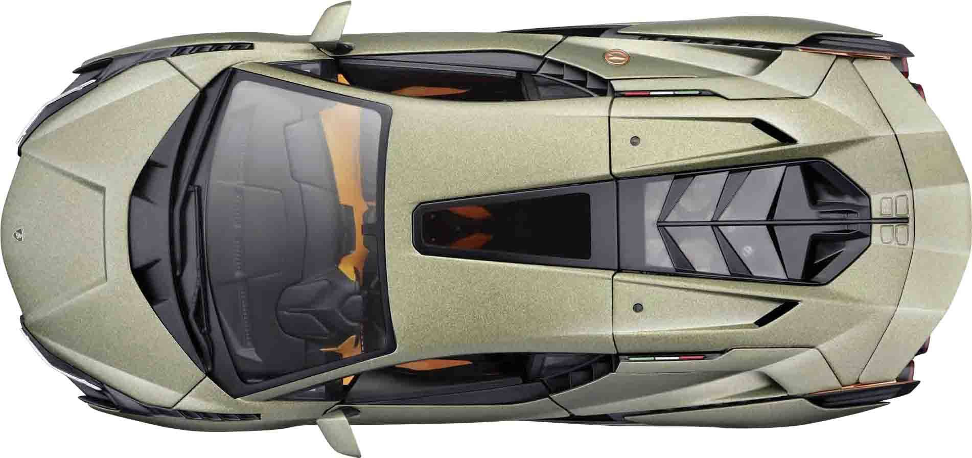 Sports car viewed from above, likely a modern model, light green paintwork with black accents, two-seater, aerodynamic design.