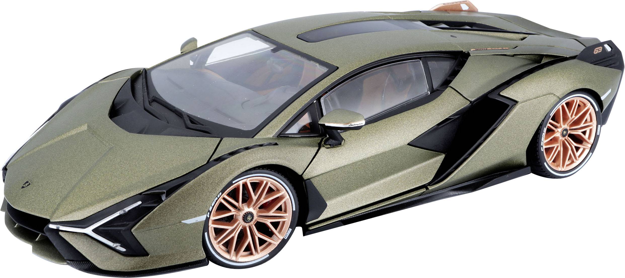 A futuristic, olive green sports car model with an aerodynamic design, orange alloy wheels, and a low-slung profile.
