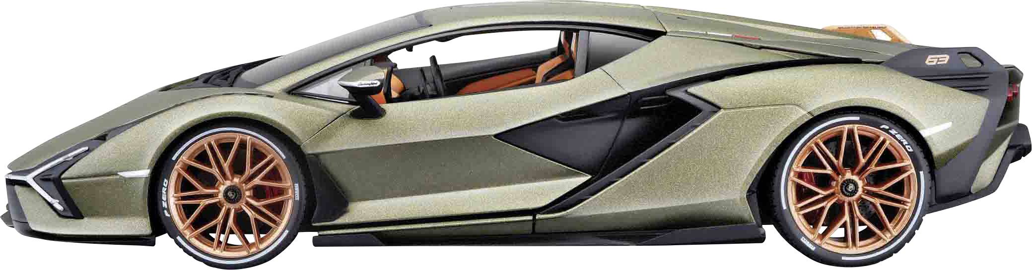 A green sports car with orange alloy wheels and accents, viewed from the side. Modern design with aerodynamic lines.