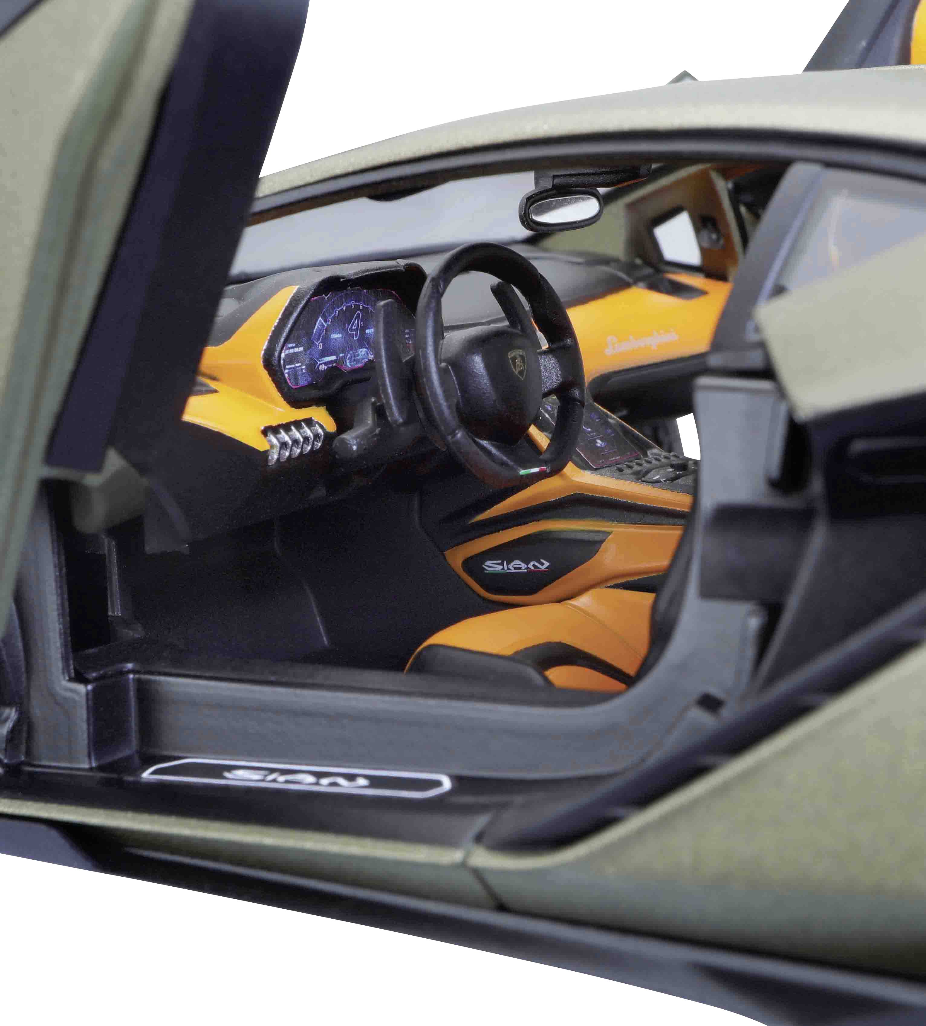 Interior view of a luxury car with orange leather upholstery, digital dashboard, and an open butterfly door.