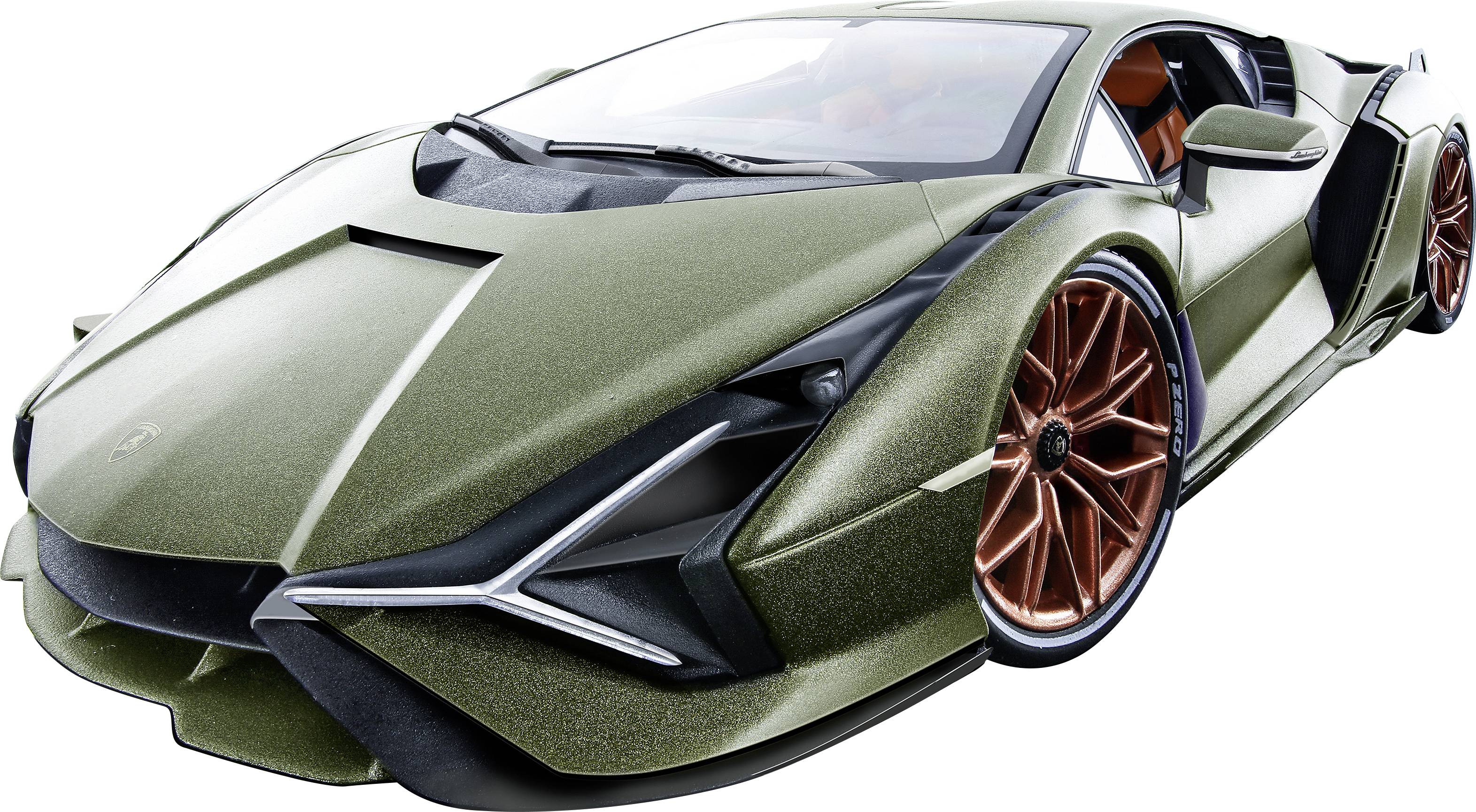 Green sports car with aggressive design and bronze-coloured wheels. Cropped front view, showing low ground clearance and aerodynamic lines.