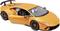 An orange sports car with the driver's door open, low-bodied, distinctive rear spoiler, and sporty alloy wheels.