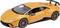 An orange model car with a sporty design and large rear spoiler, pictured on a neutral surface.
