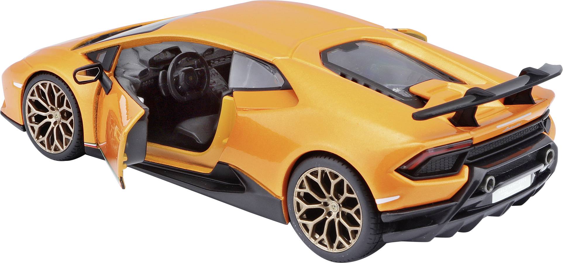 Orange toy car with an open driver's door, revealing interior details. Sporty style with distinctive rear spoiler.