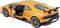 Orange toy car with an open driver's door, revealing interior details. Sporty style with distinctive rear spoiler.