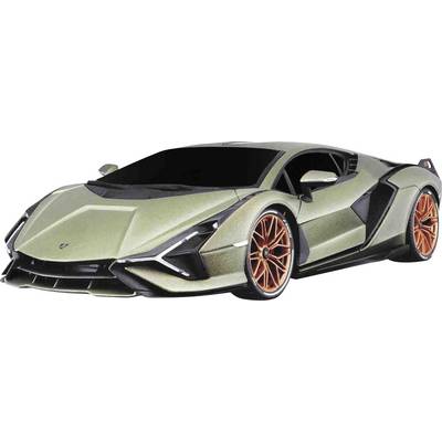 A modern, green sports car with futuristic design and orange alloy wheels, viewed from the side.