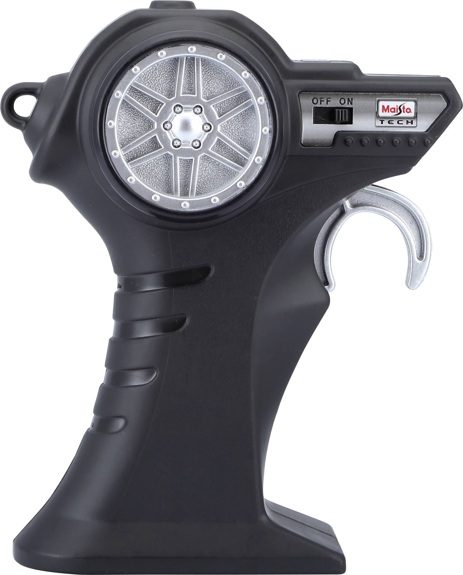 A black remote control with a silver wheel, 'On' and 'Off' switches, and a trigger lever, used for remote-controlled cars.