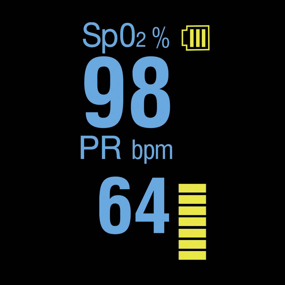 Oxygen saturation 98%, pulse rate 64 bpm, battery indicator full.<br><br>Note: This translation is already very close to British English. The terms are standard medical/technical terminology that would be used similarly in the UK.