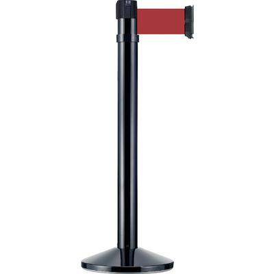 A black barrier post with an extended red tape, used for directing pedestrian flow or as a boundary in public spaces.