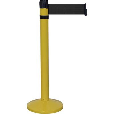 Yellow barrier tape with a yellow stand and extendable black tape, suitable for crowd control or demarcation.