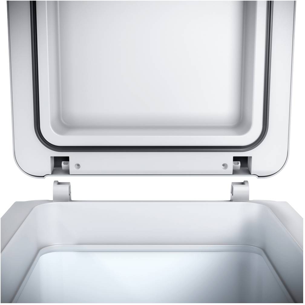 A fridge with an open lid and an empty, brightly lit interior.