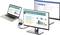 Three screens display different information: a laptop screen with diagrams, one with emails. Diagrams show percentages.