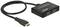 A black HDMI splitter with two outputs and one input. It is used to distribute an HDMI signal to two displays.