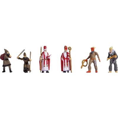 Six different playing pieces: two monks, two bishops, a demon with a rope, and a man with long horns.