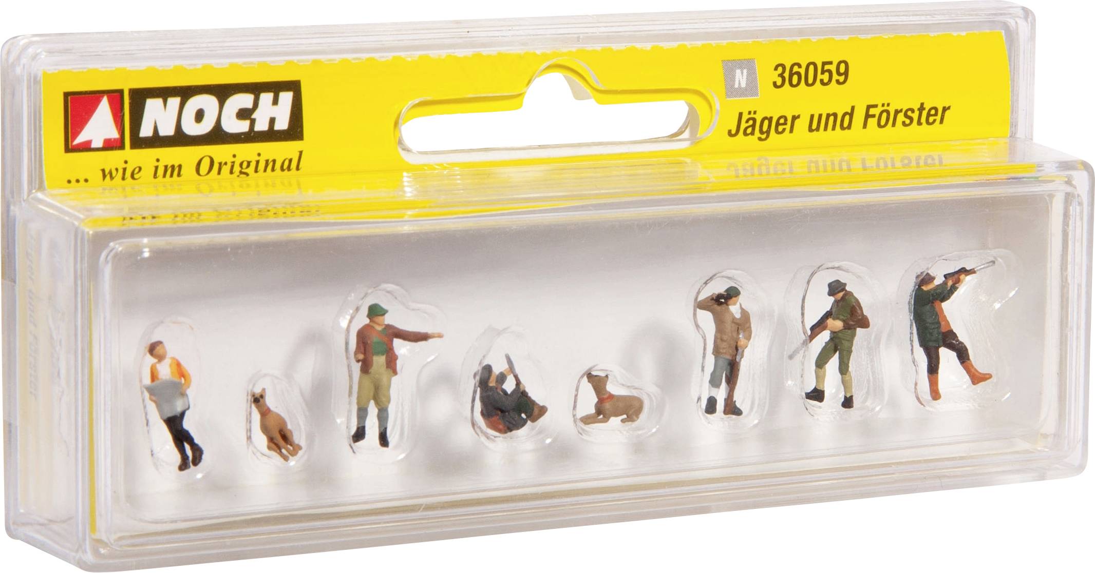 Packaging containing six miniature figures: Hunters and foresters with rifles and dogs, on a yellow background with the 'Noch' brand mark.