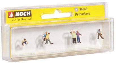 Model building set with figures depicting intoxicated individuals. Contains four miniature figures in various poses on a transparent base plate.