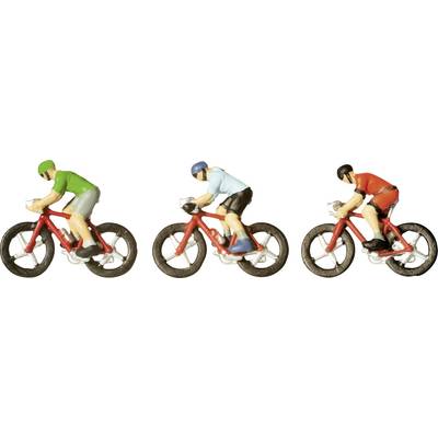 Three cycling figures in racing pose: on the left in green, in the centre in blue, on the right in red, all on red bicycles.