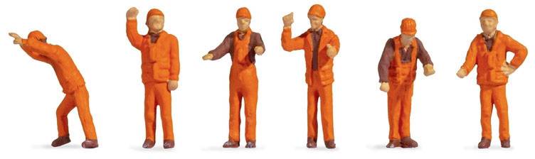Six miniature figures in orange overalls display various construction worker poses: one person with a shovel, others standing or gesticulating.