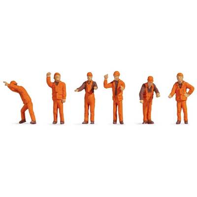 Six miniature figures in orange overalls display various construction worker poses: one person with a shovel, others standing or gesticulating.