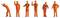 Six miniature figures in orange overalls display various construction worker poses: one person with a shovel, others standing or gesticulating.