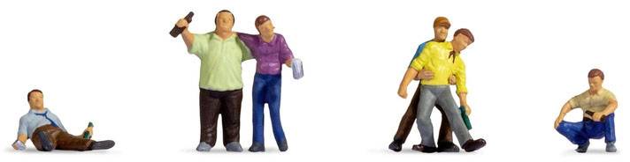 Small figurines depicting various alcohol-related scenarios: A seated person with a beer, a couple drinking, a person providing support.