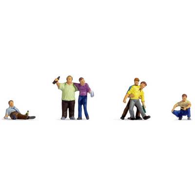 Small figurines depicting various alcohol-related scenarios: A seated person with a beer, a couple drinking, a person providing support.