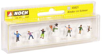 'Model Figures in Packaging: Children in Snow Theme. Contains six figures and a snowman. Manufacturer: Noch, Article Number 45821.'