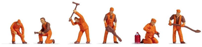 Six miniature figurines of workers in orange clothing are carrying out construction work, each in a different position with tools.
