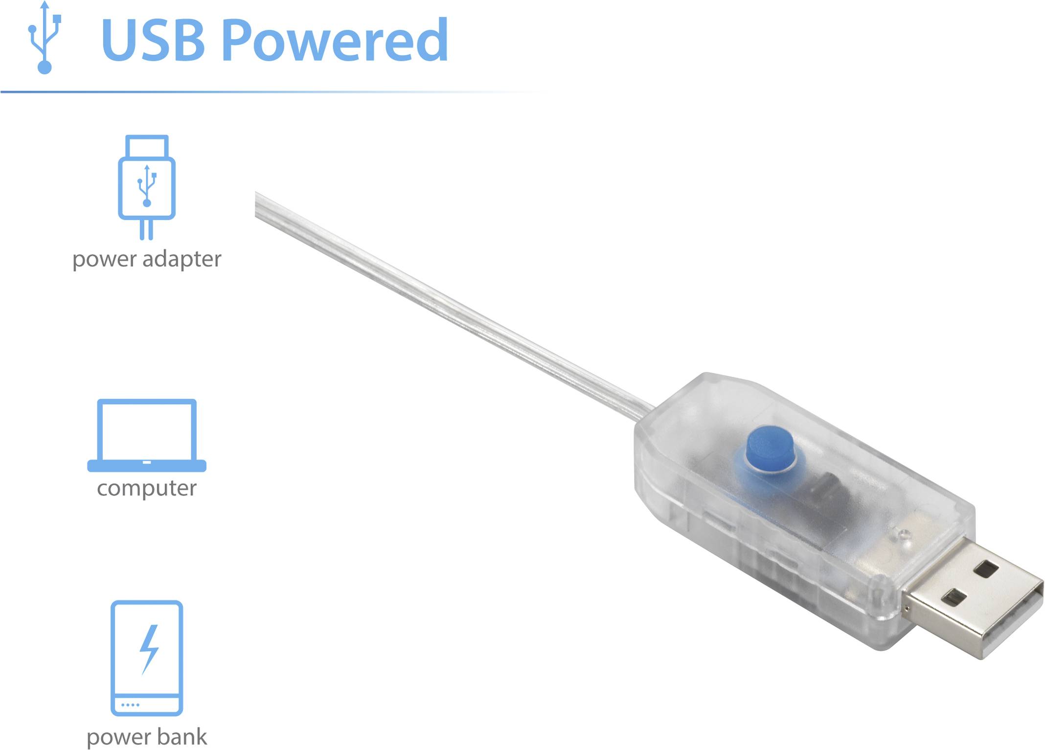 Sygonix SY-4722036 Holiday lights (mini) Inside via USB No. of bulbs 50 LED (monochrome) Warm white Illuminated length: -5