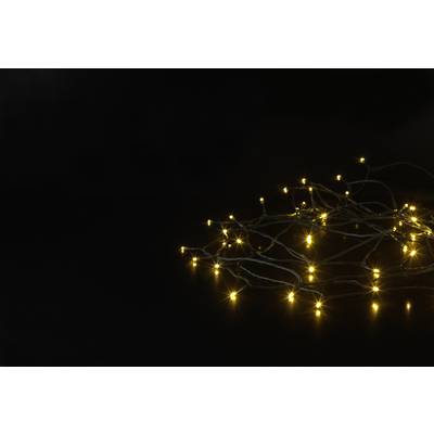 String of fairy lights with small yellow lights against a dark background. Lights form a loose pattern, creating a cosy atmosphere.