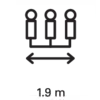 Three stylised figures with a double arrow underneath and the text '1.9 m'. Symbolises maintaining distance for social distancing.
